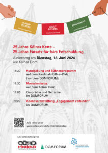 Poster zur Bewerbung des Aktionstags "25 Jahre Kölner Kette - 25 Jahre Einsatz für faire Entschuldung" am 18.06.2024 in Köln